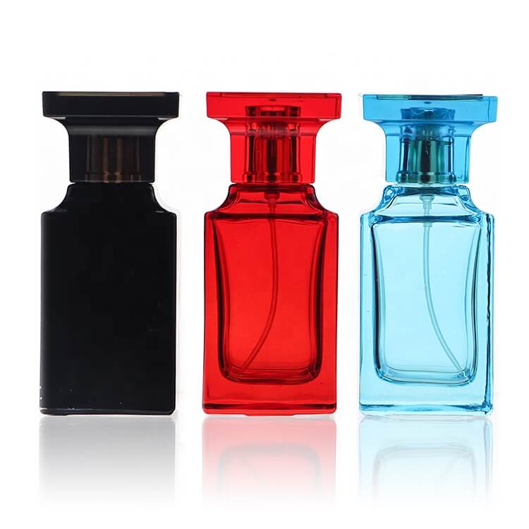 Sklenená fľaša na parfumy s rozprašovačom 55 ml Square Black Red Blue Mist