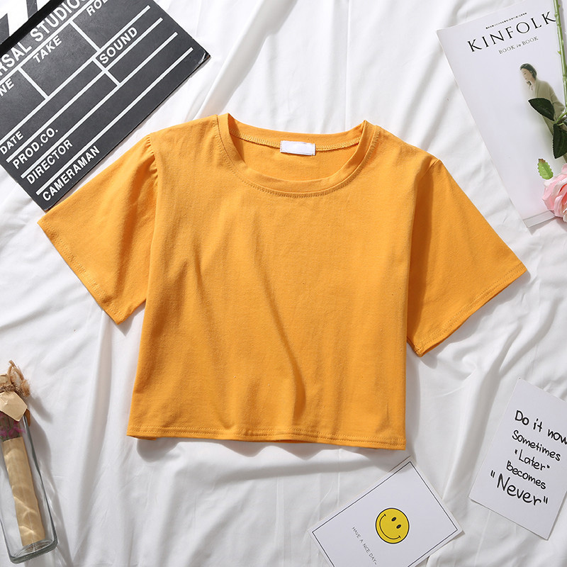 ຂາຍສົ່ງແມ່ຍິງຄົນອັບເດດ: Custom Logo Print Shirt Ladies Summer Plain Crop Tops